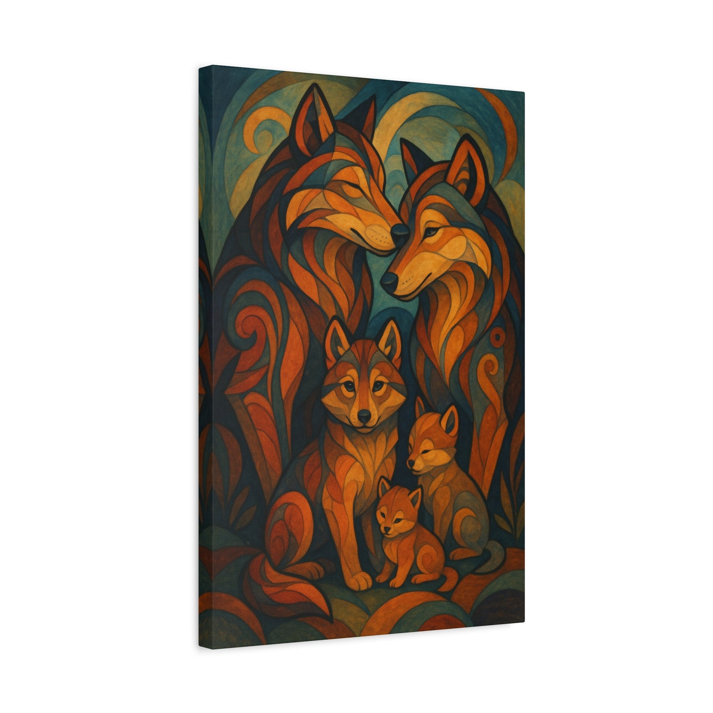 Canvas print with stylized wolf family design on a white background