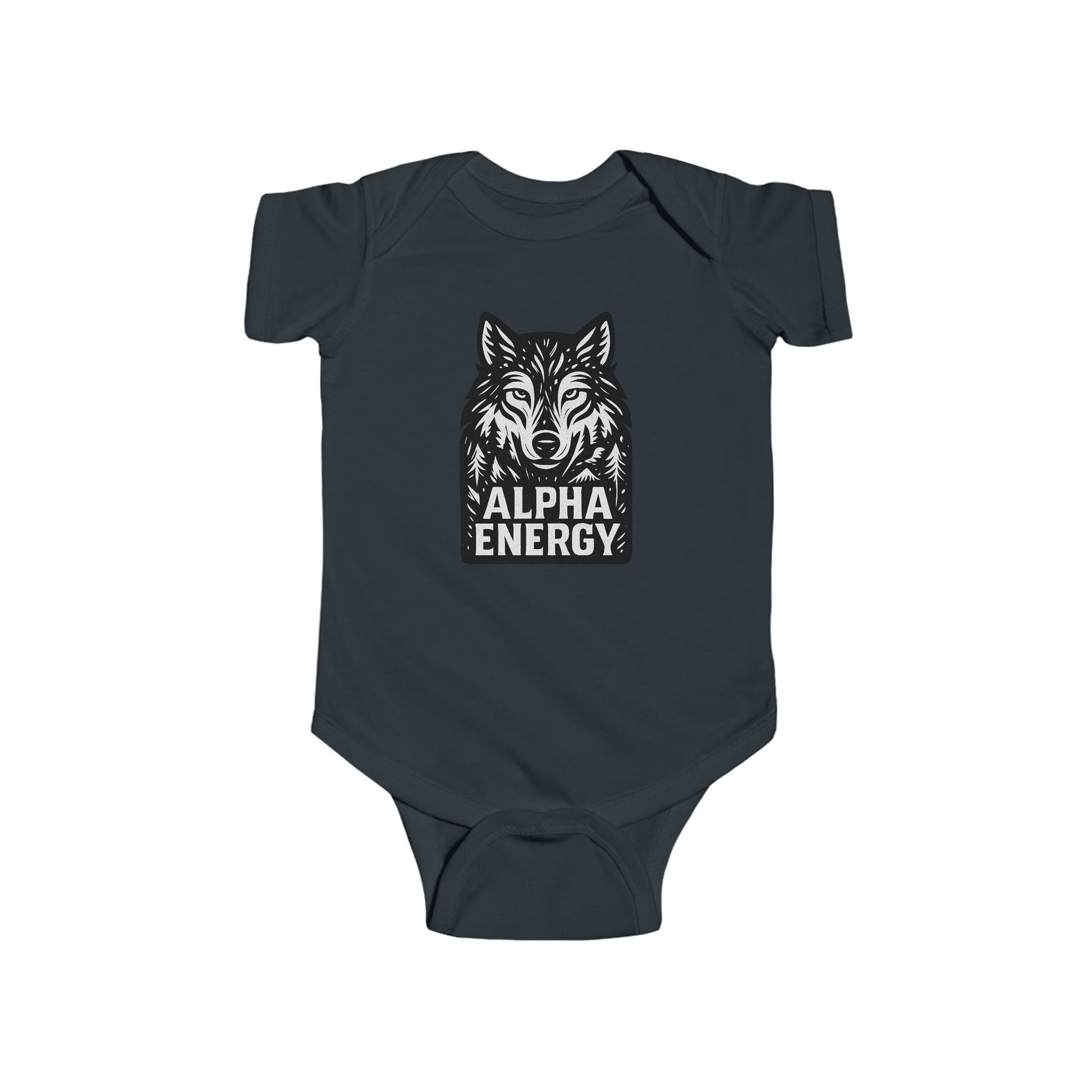 Black/Navy blue baby onesie with wolf graphic and 'Alpha Energy' text on a white background