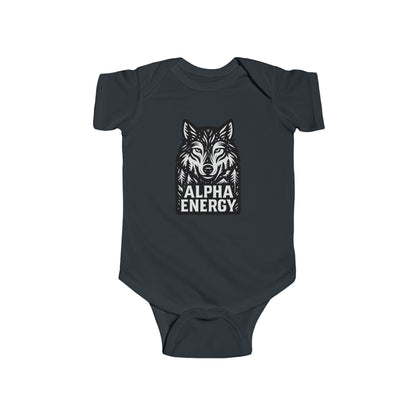 Black/Navy blue baby onesie with wolf graphic and 'Alpha Energy' text on a white background