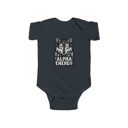 Black/Navy blue baby onesie with wolf graphic and 'Alpha Energy' text on a white background