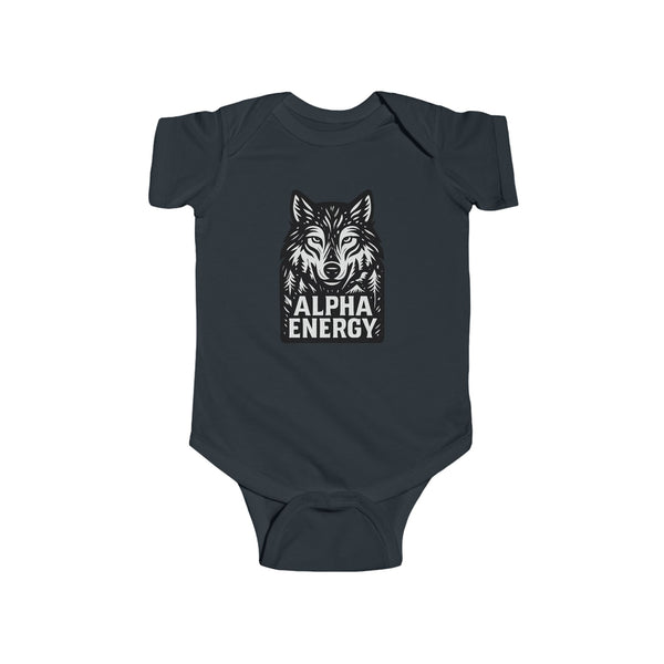 Black/Navy blue baby onesie with wolf graphic and 'Alpha Energy' text on a white background