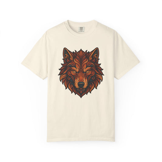 Beige t-shirt with a brown and black wolf design on a white background