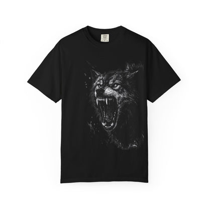 Black t-shirt with a graphic of a howling wolf showing teeth on a white background