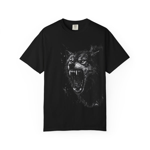 Black t-shirt with a graphic of a howling wolf showing teeth on a white background