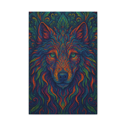 Colorful wolf artwork with intricate patterns on a dark background