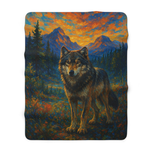Sherpa fleece blanket featuring a stoic wolf with forest tones and dusk lighting, printed in rich color on plush top with soft fleece backing.