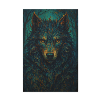Artistic depiction of a wolf with a stylized, almost tribal design on a dark background