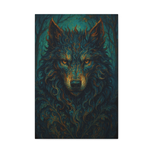 Artistic depiction of a wolf with a stylized, almost tribal design on a dark background