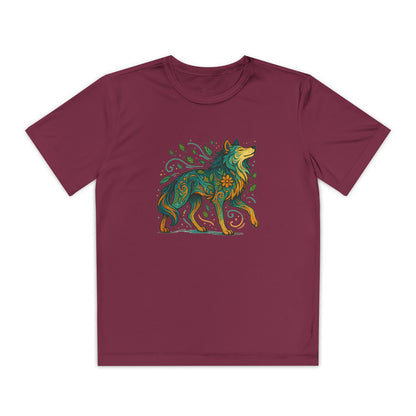 Maroon Youth performance t-shirt with floral wolf-themed design, laid flat with soft, lightweight fabric and athletic fit for active play.