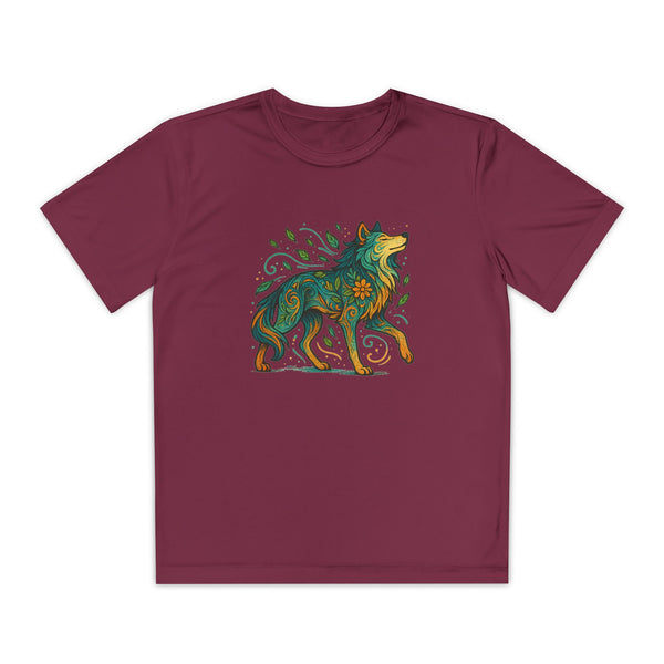 Maroon Youth performance t-shirt with floral wolf-themed design, laid flat with soft, lightweight fabric and athletic fit for active play.