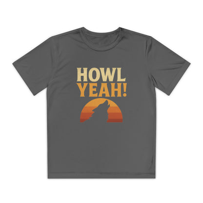 Gray Youth athletic-fit t-shirt with “Howl Yeah!” retro-style wolf design, displayed flat with moisture-wicking fabric, short sleeves, and vibrant energy.