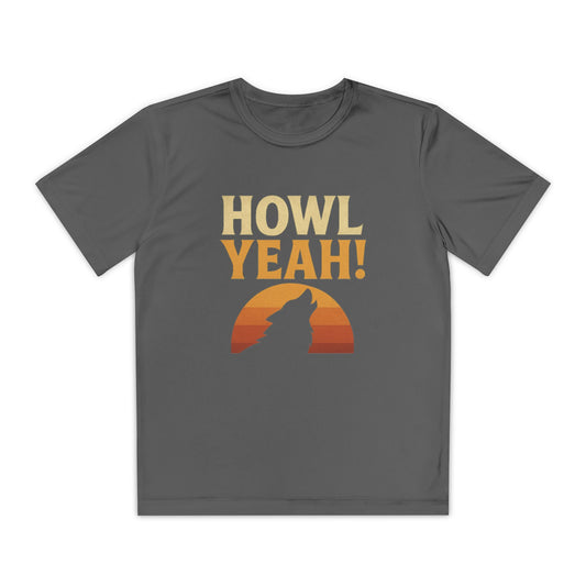 Gray Youth athletic-fit t-shirt with “Howl Yeah!” retro-style wolf design, displayed flat with moisture-wicking fabric, short sleeves, and vibrant energy.