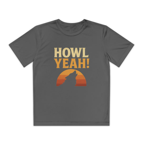 Gray Youth athletic-fit t-shirt with “Howl Yeah!” retro-style wolf design, displayed flat with moisture-wicking fabric, short sleeves, and vibrant energy.