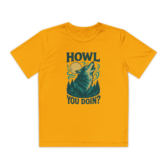 Youth Yellow t-shirt with a graphic of a wolf howling and text 'HOWL YOU DOIN?' on a white background