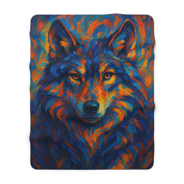 Sherpa fleece blanket with ember-toned wolf design glowing beneath the surface, printed in rich color on a plush top with cozy fleece backing.