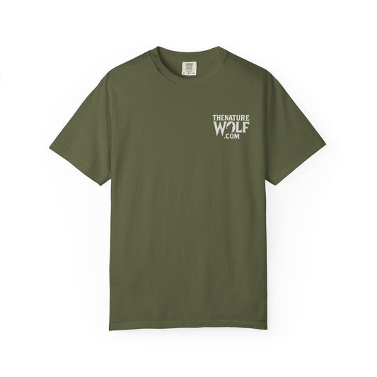 Green t-shirt with 'thenaturewolf.com' logo on a white background