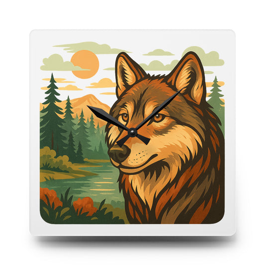 White wall clock featuring a peaceful wolf in golden hour light with soft forest tones, designed to evoke calm and quiet reflection.