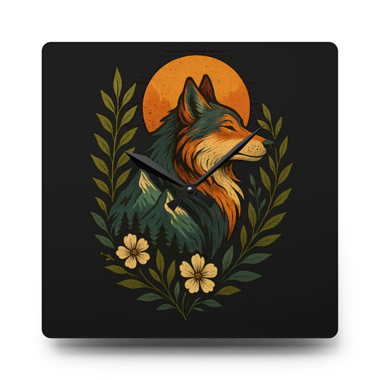 Square acrylic wall clock featuring a serene wolf with mountain-shaped fur, golden light, and blooming wildflowers, set against a soft natural background.