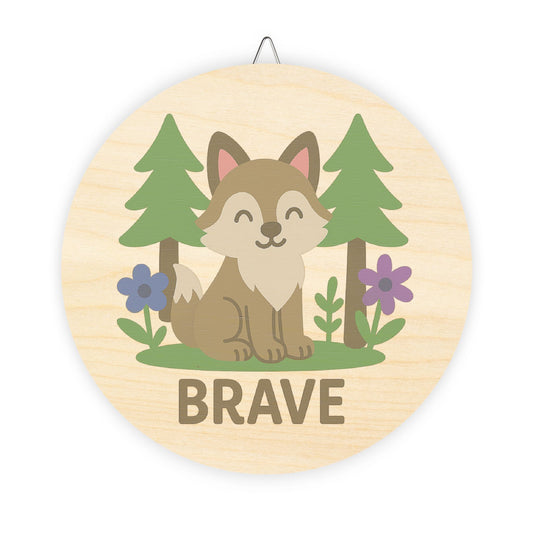 Wooden plaque with a fox illustration and the word 'Brave' on a white background
