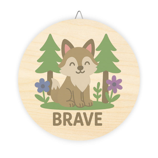 Wooden plaque with a fox illustration and the word 'Brave' on a white background