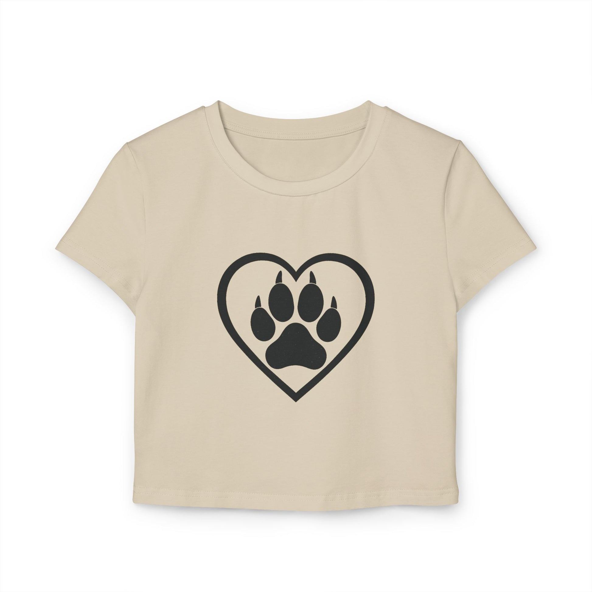 Beige t-shirt with a black heart and paw print design on a white background