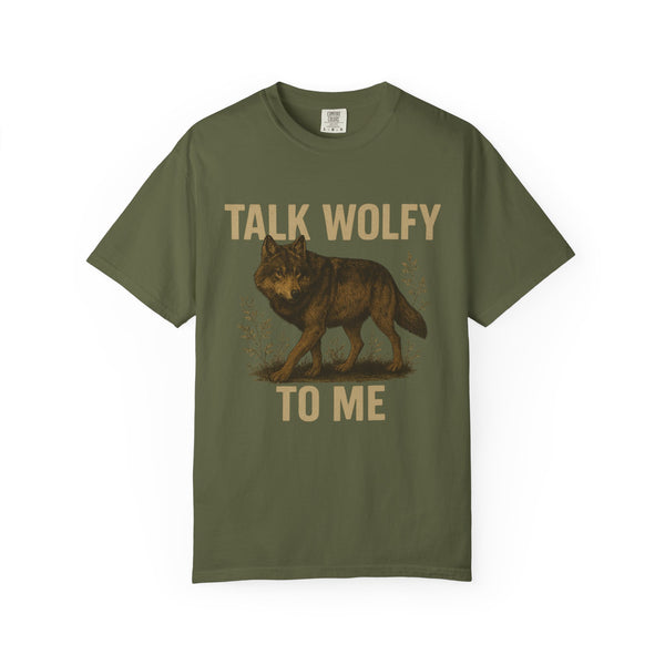 Funny wolf-themed graphic t-shirt with “Talk Wolfy to Me” text design, printed on soft cotton with relaxed fit and cheeky attitude.