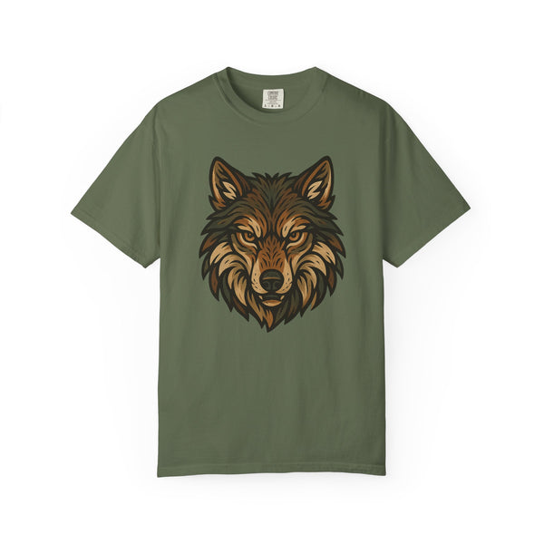 Green t-shirt with a wolf graphic on a white background
