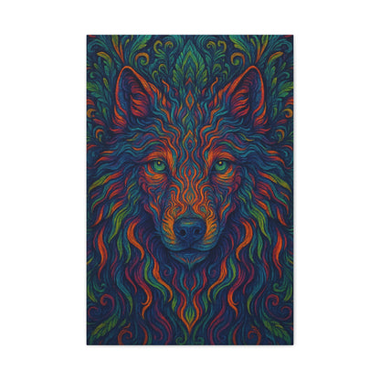 Colorful wolf head design on a dark background