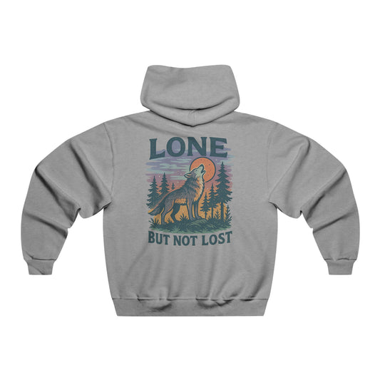 Gray hoodie with a "Lone But Not Lost" graphic design on the back, displayed on a white background.