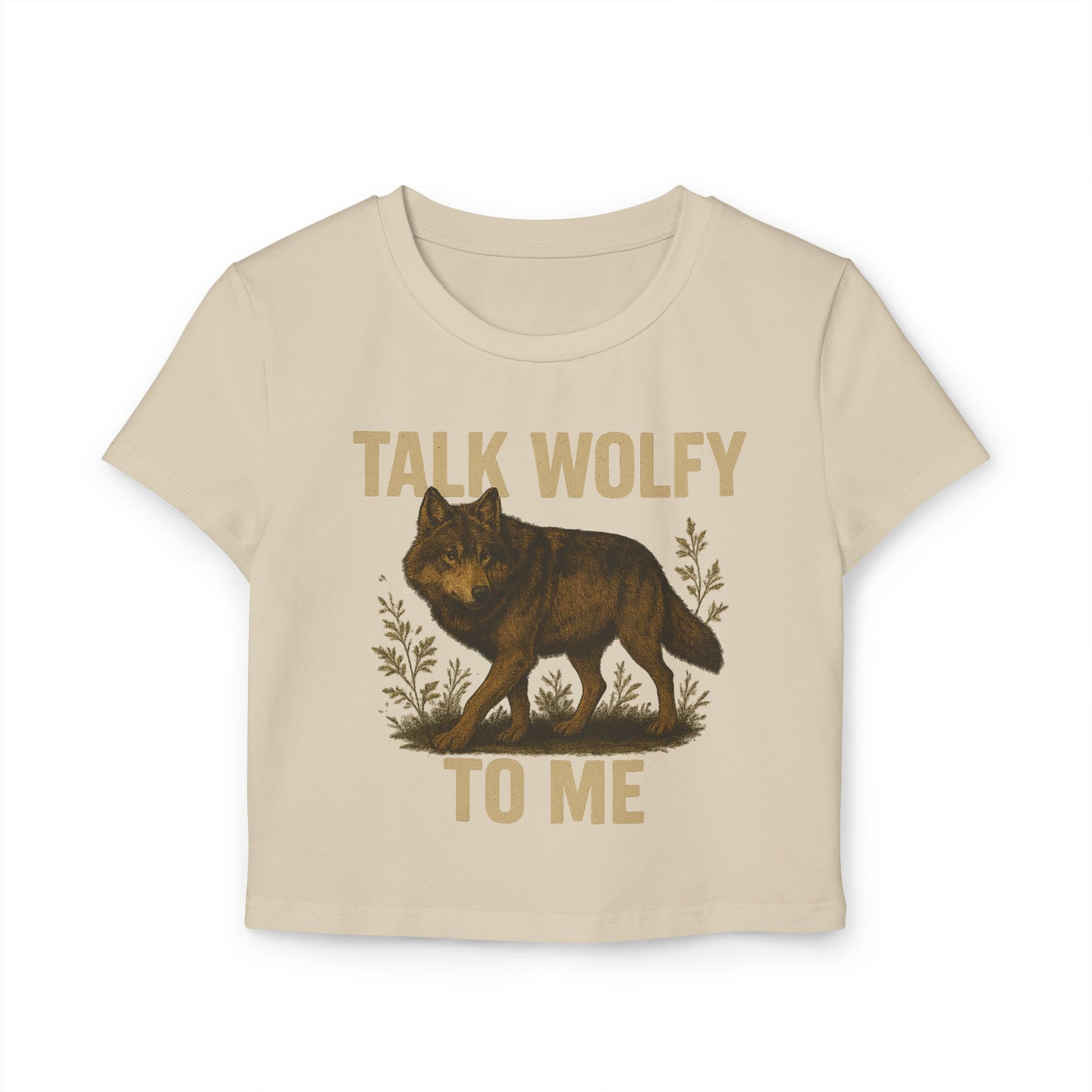 Beige t-shirt with a wolf graphic and text that says "Talk Wolfy To Me"