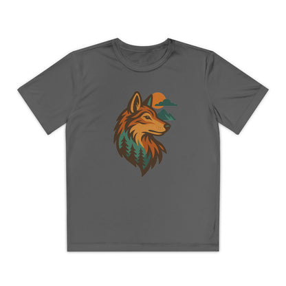Youth athletic-fit performance t-shirt with “Sundrift Wolf” sunlit nature-themed design, displayed flat with moisture-wicking fabric and short sleeves.