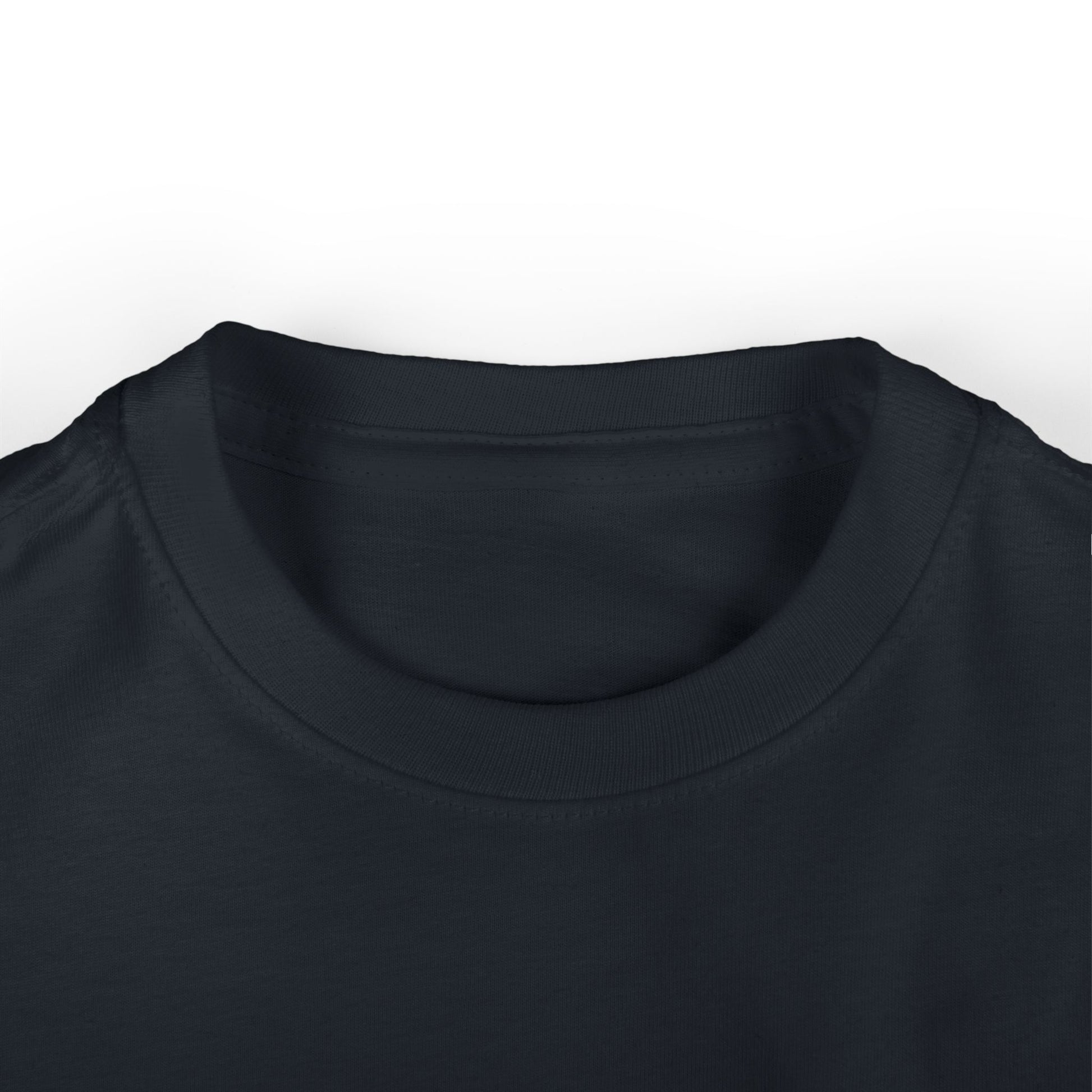 Close-up of a kid's / youth black shirt collar on a white background