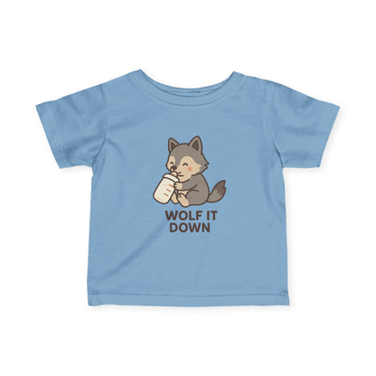 Light blue t-shirt with a cartoon wolf holding a glass of milk and text 'Wolf It Down' on a white background