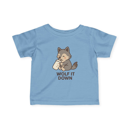 Light blue t-shirt with a cartoon wolf holding a glass of milk and text 'Wolf It Down' on a white background