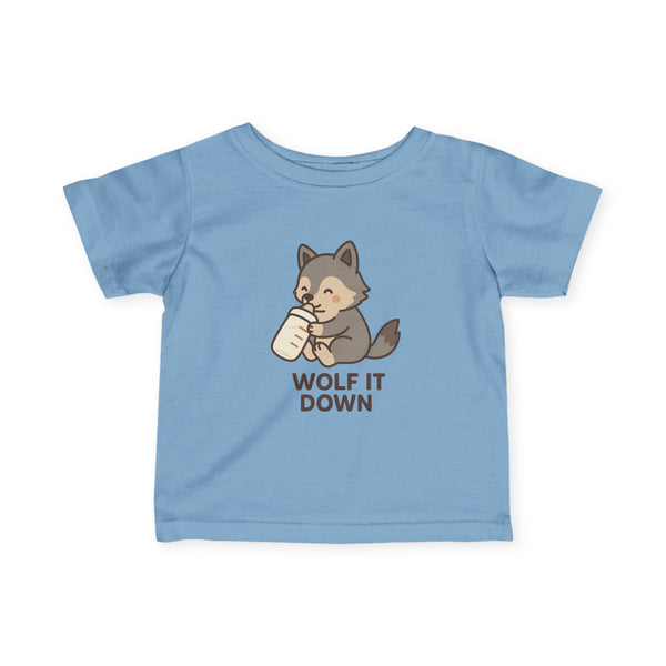 Light blue t-shirt with a cartoon wolf holding a glass of milk and text 'Wolf It Down' on a white background