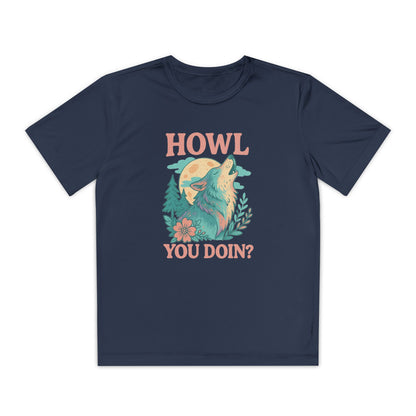 Navy youth blue t-shirt with a graphic of a wolf and text 'HOWL YOU DOIN?' on a white background