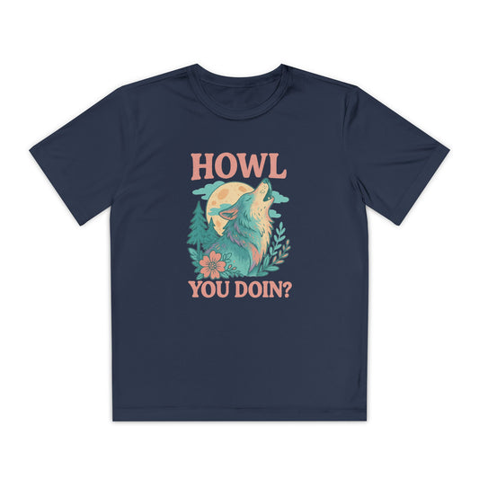 Navy youth blue t-shirt with a graphic of a wolf and text 'HOWL YOU DOIN?' on a white background
