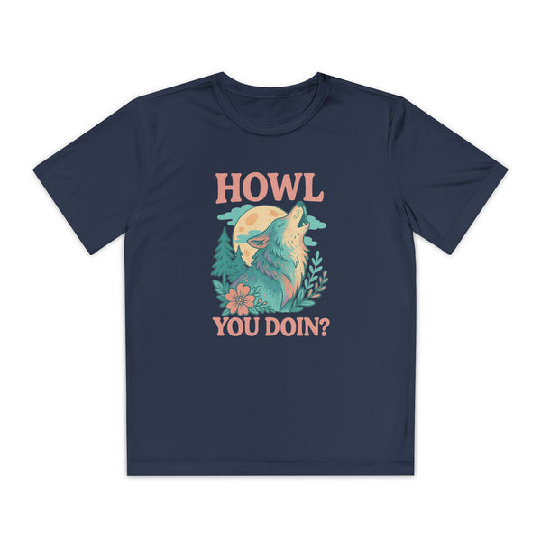 Navy youth blue t-shirt with a graphic of a wolf and text 'HOWL YOU DOIN?' on a white background