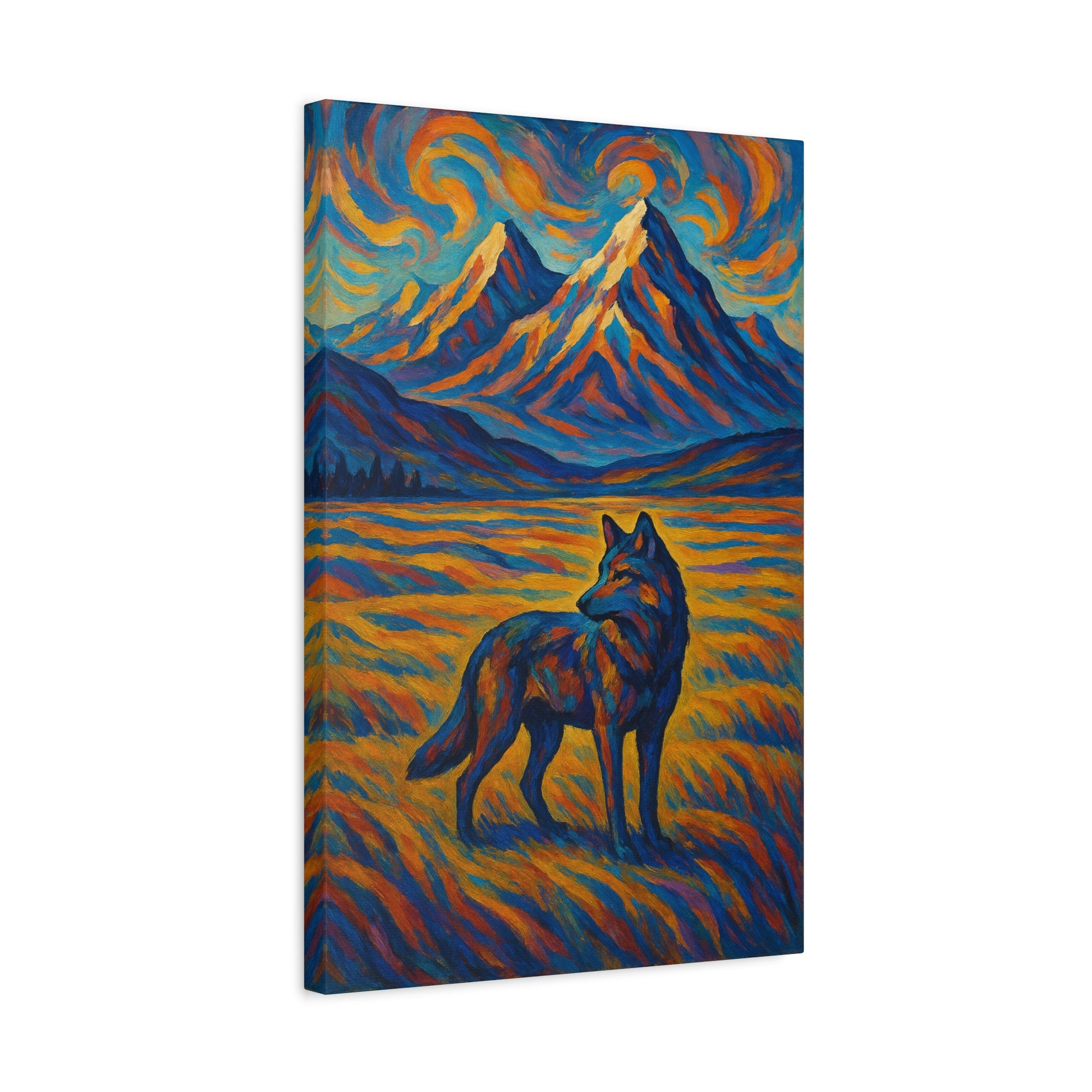 Canvas print of a wolf in a mountainous landscape with vibrant colors
