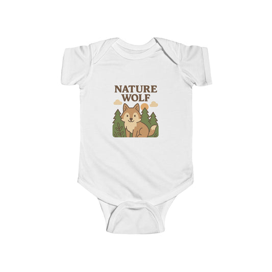 White baby onesie with 'Nature Wolf' design featuring a wolf and trees on a white background