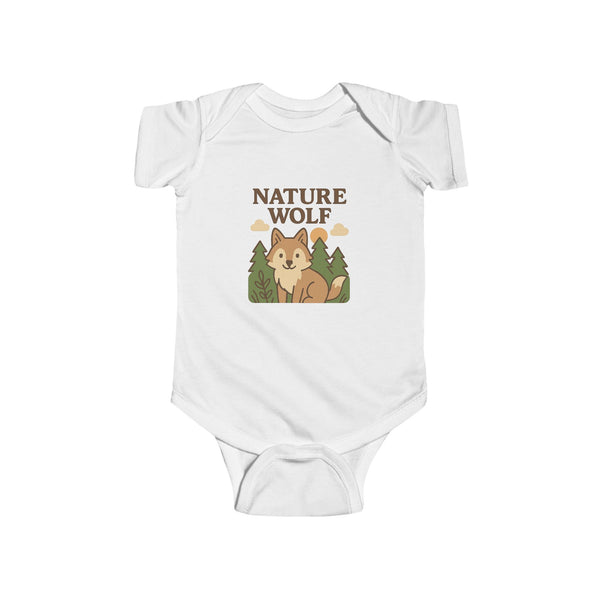White baby onesie with 'Nature Wolf' design featuring a wolf and trees on a white background
