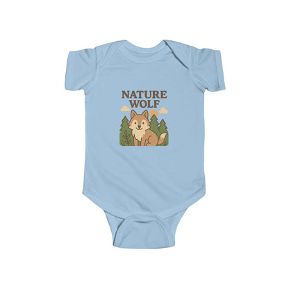 Light blue baby onesie with a wolf design and 'Nature Wolf' text on a white background