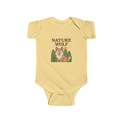 Yellow baby onesie with a wolf design and 'Nature Wolf' text on a white background