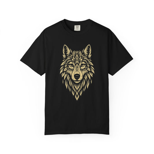 Black t-shirt with a gold wolf design on a white background