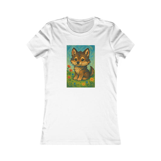 White t-shirt with a graphic of a cute wolf on a grassy field with flowers.