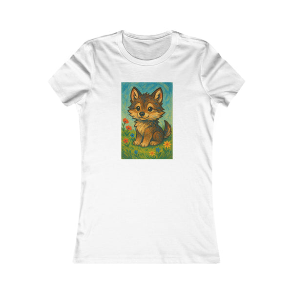 White t-shirt with a graphic of a cute wolf on a grassy field with flowers.