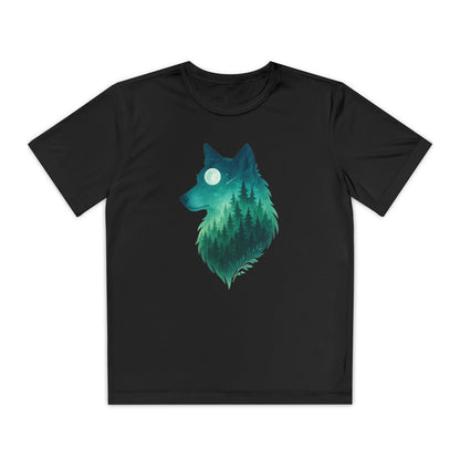 Black t-shirt with a teal wolf design on a white background