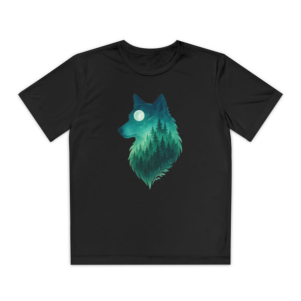 Black t-shirt with a teal wolf design on a white background