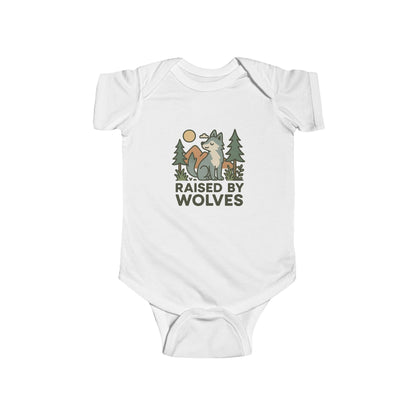 White baby onesie with 'Raised by Wolves' graphic design on a white background