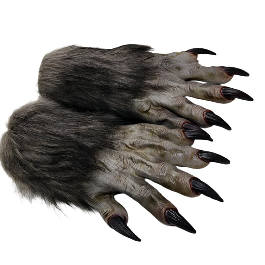 Pair of werewolf gloves with fur and black claws on a white background
